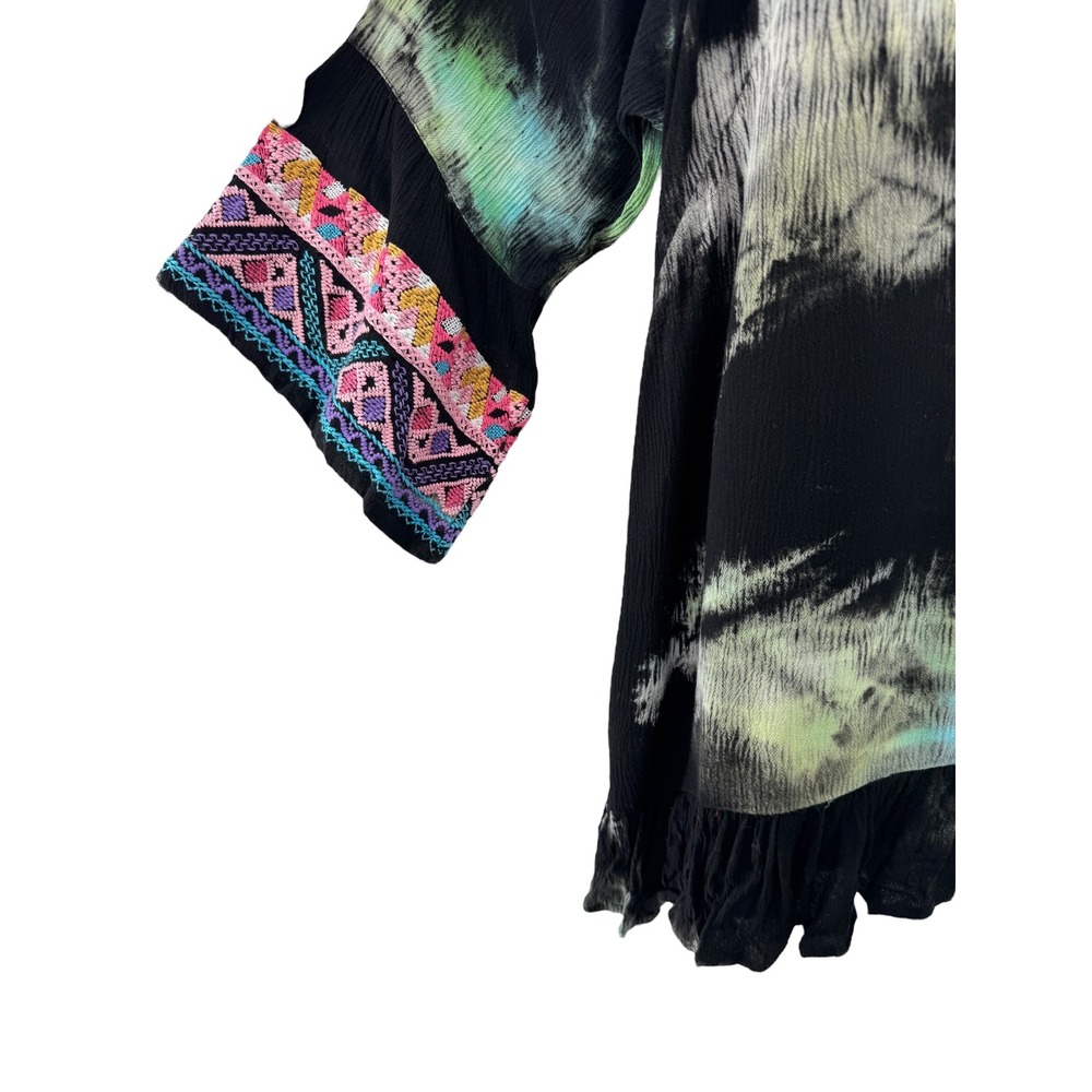 Calessa 1X Boho Tie Dye Embroidered Peasant Top Black Multicolor Bell Sleeve - Picture 4 of 5